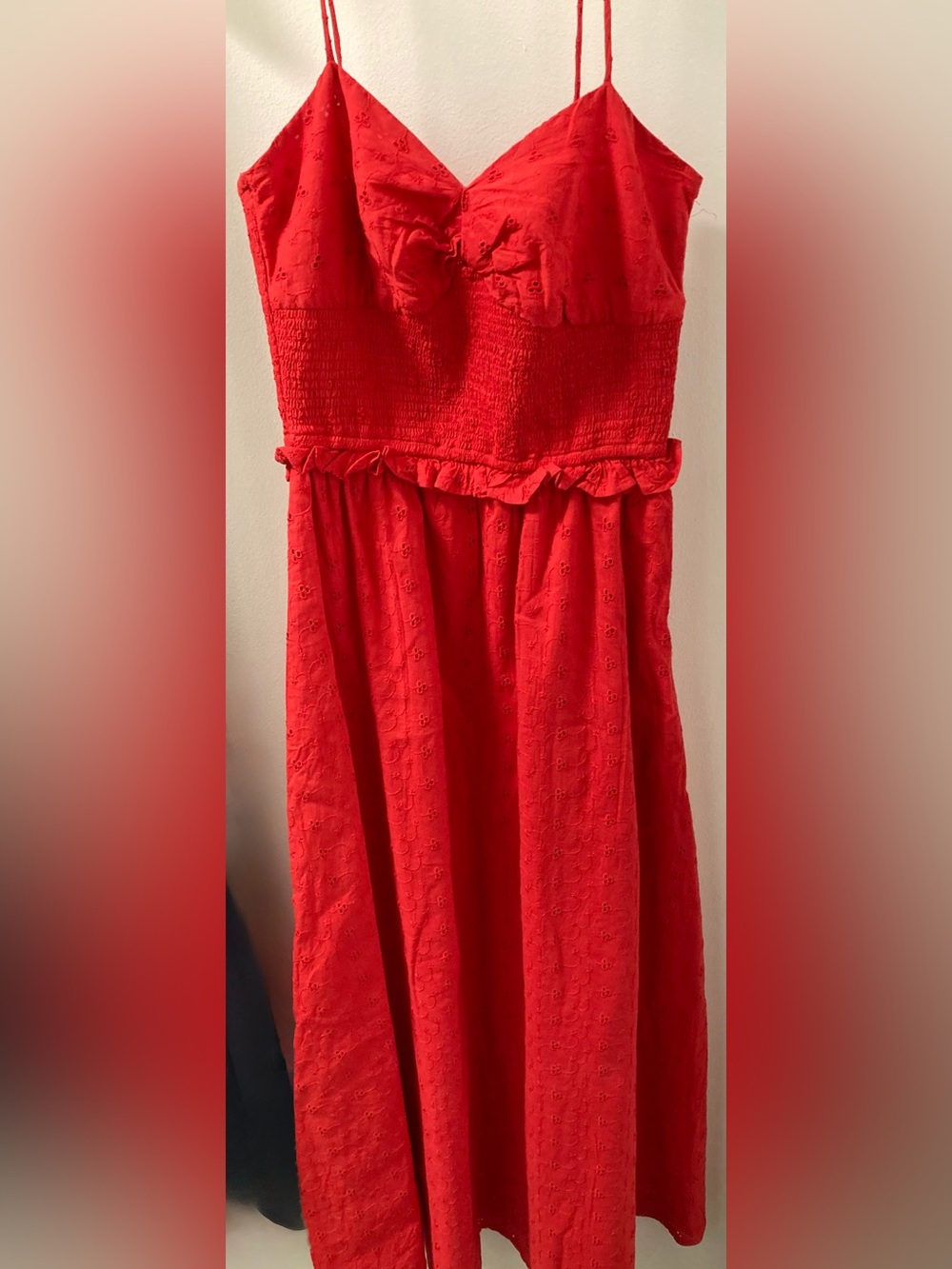 NWT Patrons of Peace Red Eyelet Smocked Midi Dress XS